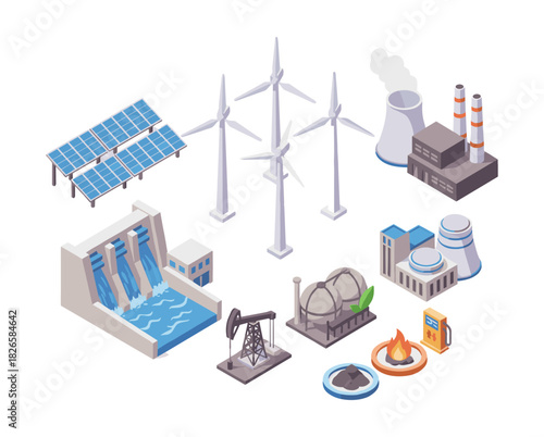 Energy sources production and electricity generation isometric illustration