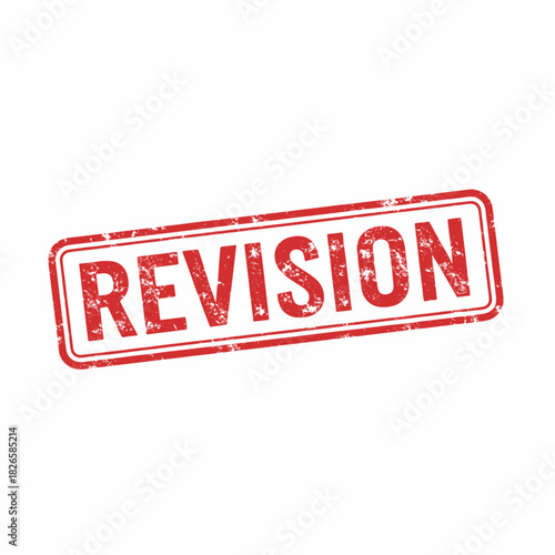 Red distressed rubber stamp with the word REVISION in capital letters on a white background, indicating a need for changes or review.