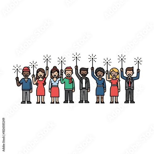 Group of people holding sparklers and celebrating together.