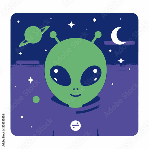 A cute cartoon illustration of a green alien in outer space with stars and planets.