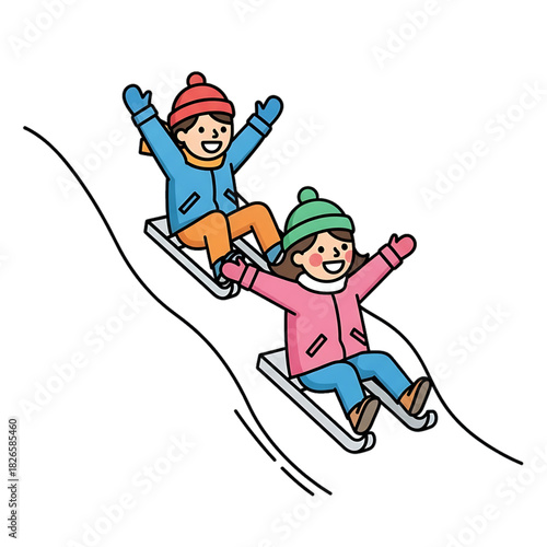 Kids sliding down a snowy hill together in winter clothing.