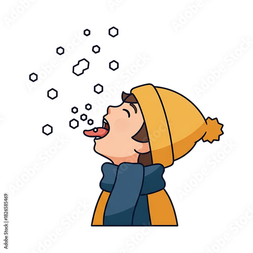 Child catching snowflakes on their tongue in winter weather.