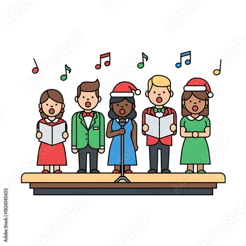 Children singing in a school choir with music notes above them.