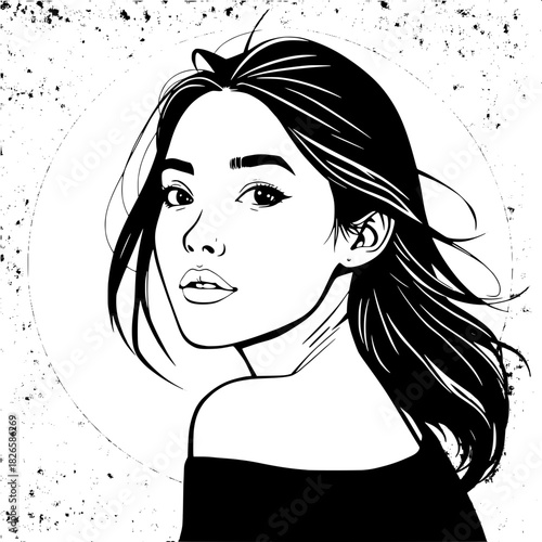 “A refined black-and-white vector portrait showing a young woman turning her head to the right, her hair drifting naturally behind her. The simple gradient background enhances the graphic clarity and 