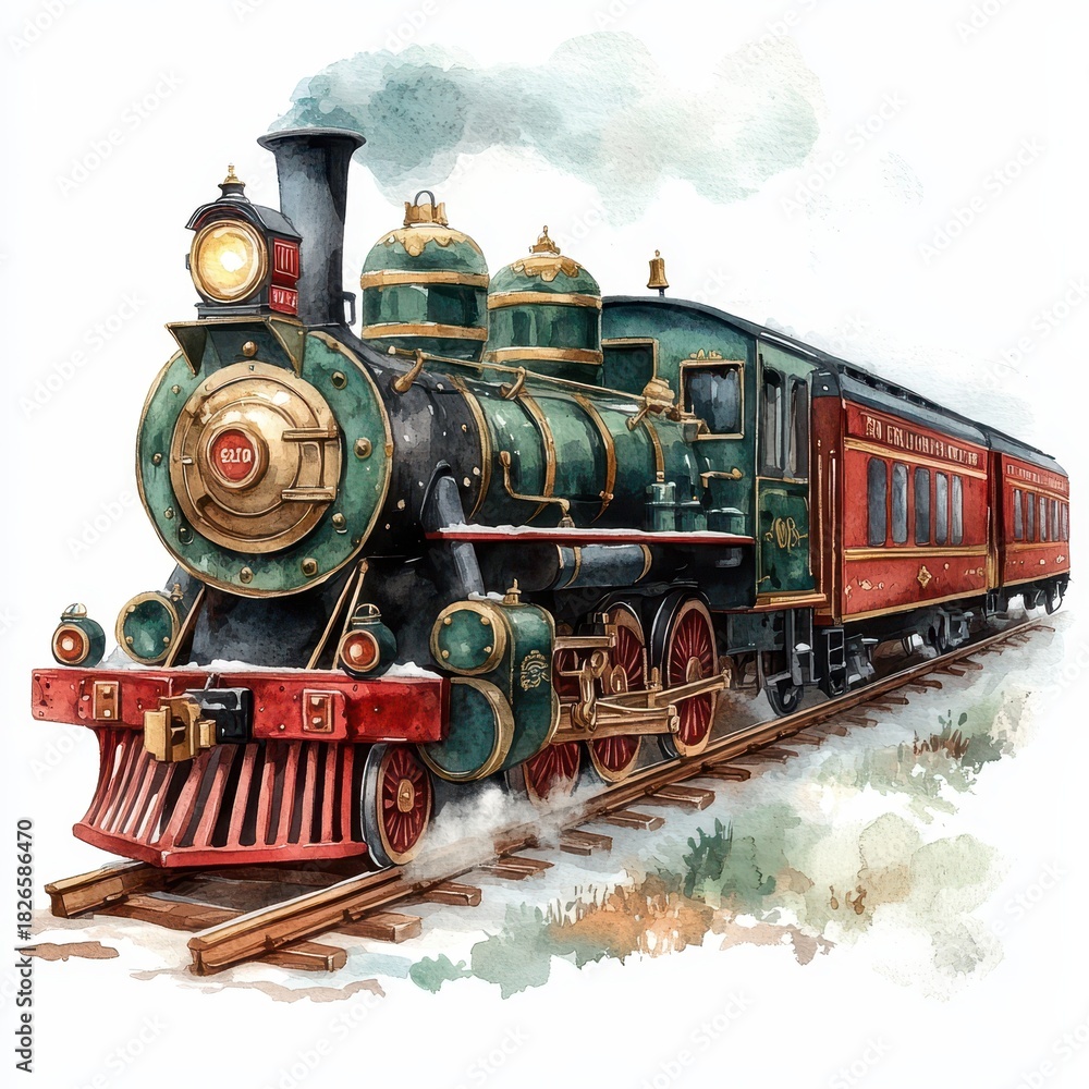 Fototapeta premium Watercolor illustration of a Christmas train.