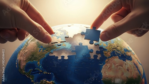 Hands placing puzzle pieces on a globe, illustrating global unity, cooperation, and world problem-solving.