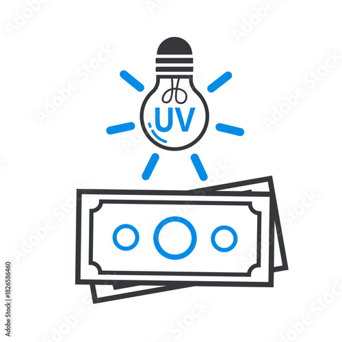 Isolated outline UV bulb lamp icon designed for detecting money authenticity, symbolizing security checking, verification tools, counterfeit prevention, banking inspection processes.
