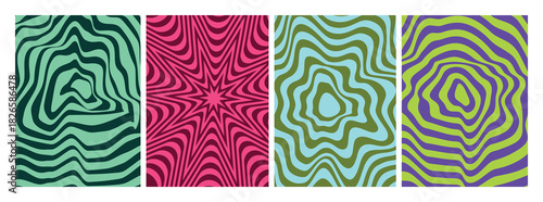 Vortex Spiral Retro Geometric Patterns. Groovy Swirl Spiral funky wave illustration. Psychedelic Abstract Twirl Vector Background.