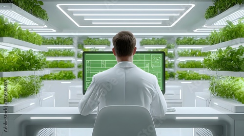 A researcher wearing a white lab coat sits at a futuristic workstation analyzing data on a computer screen that displays technical drawings while surrounded by shelves of vibrant