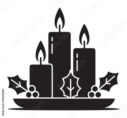 Elegant black candles with holly leaves a minimalist vector illustration for Christmas and winter holiday designs isolated on white