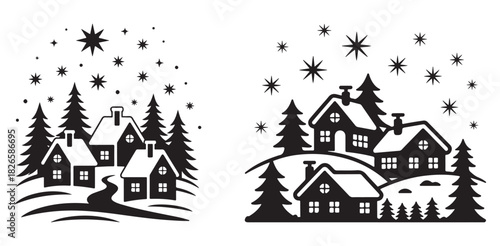Winter village vector illustrations featuring houses trees and snowflakes perfect for holiday cards and seasonal designs