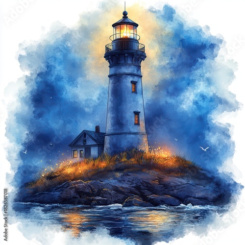Watercolor lighthouse illustration with glowing light.