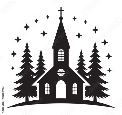 Silhouette of a church with pine trees and stars vector illustration religious symbol for Christmas and winter holidays