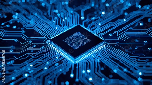 a close-up view of a glowing microchip that is the heart of any electronic device, showcasing the intricate circuitry