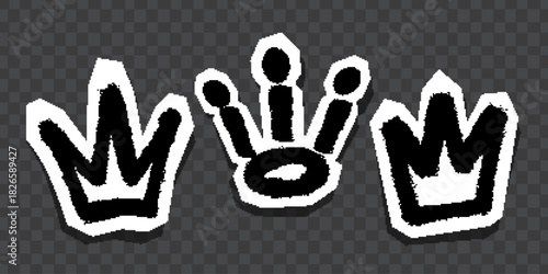 Graffiti-style black crown and symbol stickers with white outlines on dark background.
