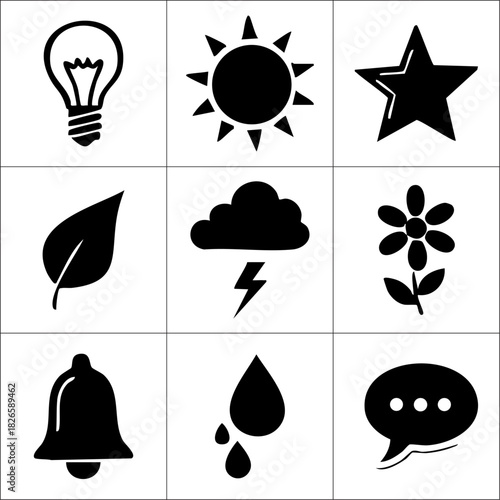 A collection of nine black and white vector icons arranged in a square grid pattern format design
