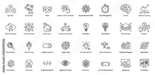 Ai technology vector illustration icons set, machine learning symbols, neural network elements, robotics automation, big data analysis, smart systems and digital innovation