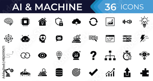 Ai and machine vector illustration icons set, neural network symbols, robotics automation, data analysis, cloud computing, smart technology, algorithm process and artificial intelligence concepts