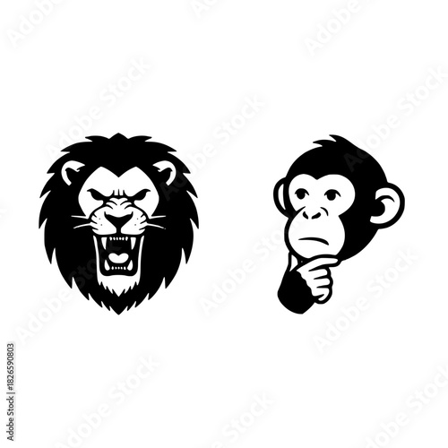 Bold lion roaring face and pensive monkey head artwork for powerful brand identity or animal conservation campaign materials with modern minimalist design