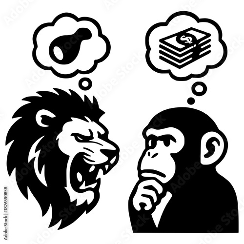 Lion dreams of food, while monkey dreams of money, a scalable vector design for your next project involving ambition, desire, and dreams