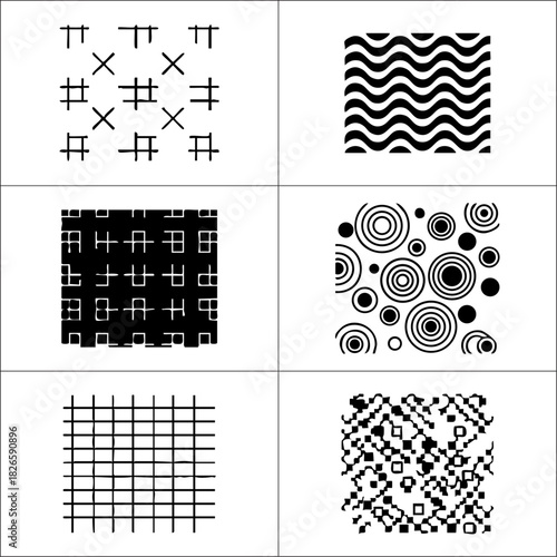 Six black and white abstract patterns in a grid formation on a white background with simple shapes
