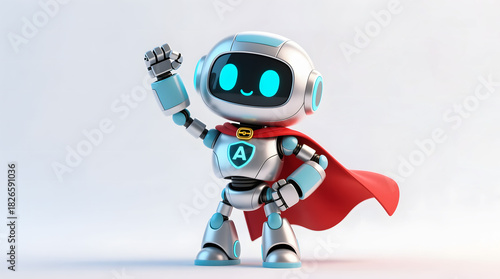 Cute robot wearing a red cape, standing in a confident hero pose with its chest puffed out, symbolizing security and protection  isolated on white.