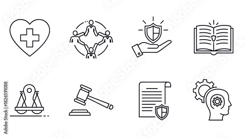 Collection of linear icons related to health, law, and protection.