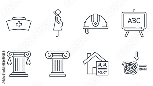 Line art icons representing various professions and concepts, including healthcare, construction, and education.