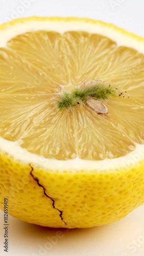 Close-up of a halved, vibrant yellow lemon with visible pulp, a crack, and white rind