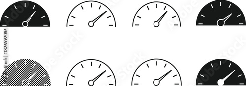 Speedometer and gauge icon set, black vector indicators, performance level meters, dashboard UI elements, intensity dial illustrations
