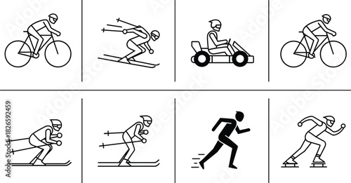 Sports and activity icon set featuring biking, skiing, go-karting, running, speed skating, movement, fitness, and athletic motion
