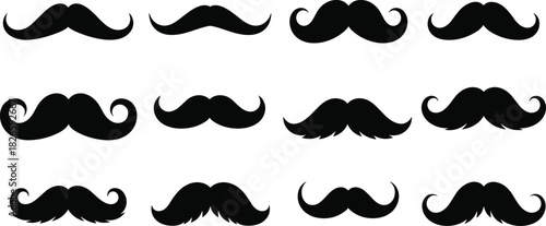 Stylized mustache silhouette set in grid layout, featuring classic, curled, bushy, thick, vintage, and character design styles