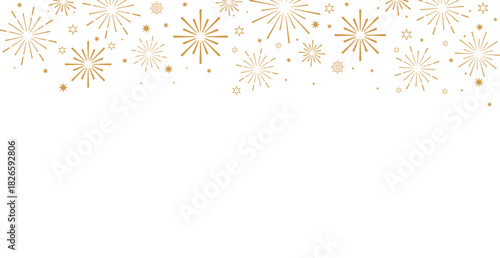 Elegant horizontal banner featuring golden/bronze outline fireworks and starbursts clustering in the top-left and bottom-right corners. Isolated on a white background with clean central copy space, id