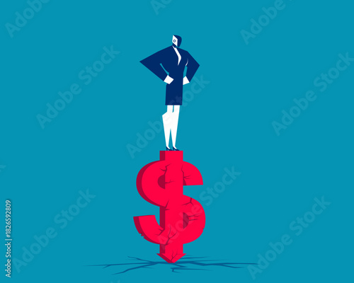 Robot. Artificial intelligence standing on cracked money sign