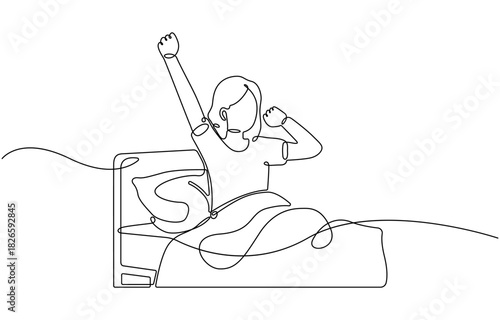 Continuous line art or One Line Drawing of a woman stretching arms is relaxing.