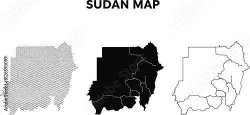 Sudan map set with dotted silhouette, state boundaries, outline version, geographic shape, and cartographic styles for design use