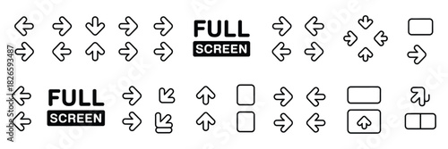 Full screen vector black icons, showing full screen and exit icons, arrow mark indicators, and scalability symbols in flat style, perfect for app interfaces
