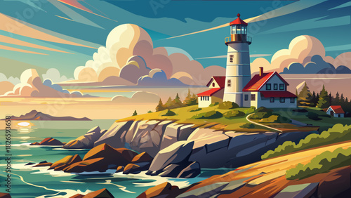 Very beautiful coastal scene featuring Castle Hill Lighthouse standing on rugged seaside rocks, illuminated by soft natural light, overlooking calm ocean waters under a serene New England sky, present