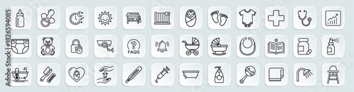 Baby care and pediatrics vector illustration icons set, newborn essentials, childcare items, hygiene products, safety monitoring, feeding tools, parenting support and infant healthcare concepts