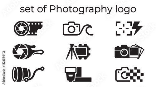 Photography camera icons set featuring shutter, lens, and flash vector logo designs. This digital collection offers clean black and white graphics for professional branding.