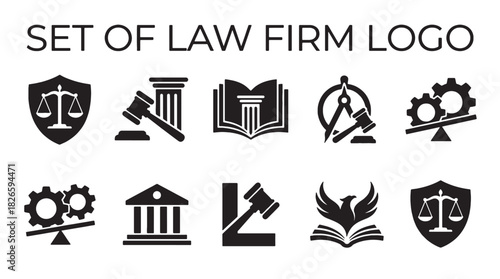 Set of professional legal justice icons and logo designs for law firm business branding, presented as vector graphics.