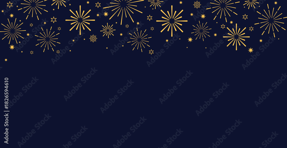 Fototapeta premium Elegant horizontal banner featuring seamless borders of golden starbursts and stars along the top and bottom. The festive pattern is set against a dark navy blue background, ideal for New Year, luxury