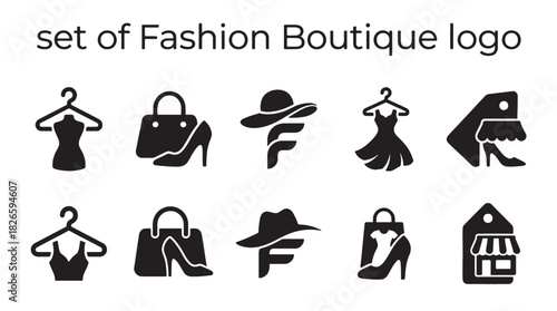 Versatile set of elegant black fashion boutique logo icons, showcasing various clothing and accessories for modern retail store branding and vector design concepts.
