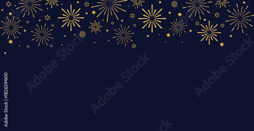 Elegant horizontal banner featuring seamless borders of golden starbursts and stars along the top and bottom. The festive pattern is set against a dark navy blue background, ideal for New Year, luxury