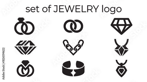 Elegant minimalist black jewelry logo icons set features diverse diamond rings, pendants, and chains in vector design, ideal for modern branding.