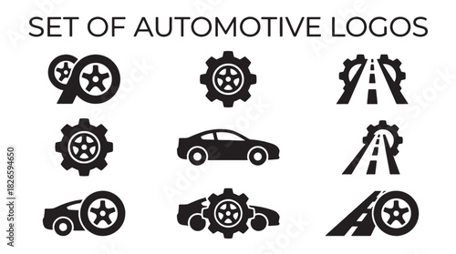Clean Automotive Logos and Icons Set provides versatile Vector Design elements like Car, Gear, Wheel, and Road symbols for modern Branding and digital Design needs.