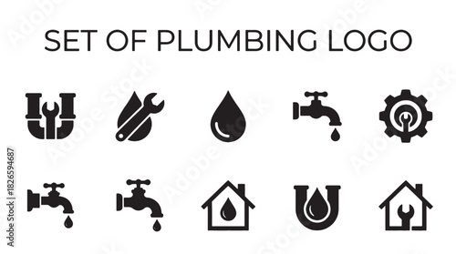Modern set of plumbing logo icons featuring essential water, faucet, wrench, and pipe elements for professional home repair service branding and utility applications.