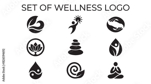 Modern Minimalist Vector Wellness Logo Icons Set: Promote Health, Nature, and Zen Meditation with Spiritual Designs for Branding.