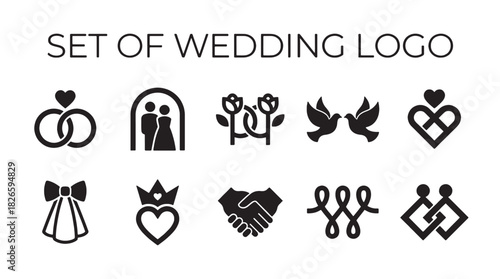 Modern minimalist wedding logo set of black vector icons on white for love and celebration designs, ideal for invitations or branding.