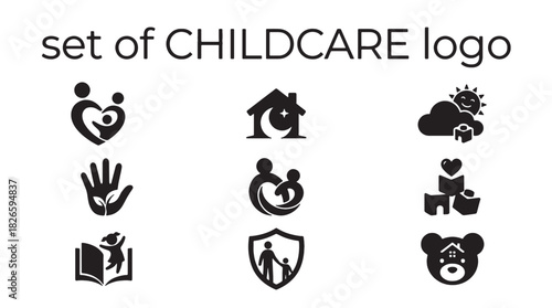 Comprehensive Childcare Logo Set of Vector Icons promoting Family, Education, and Safety in Nursery Design, ideal for branding and protective services.
